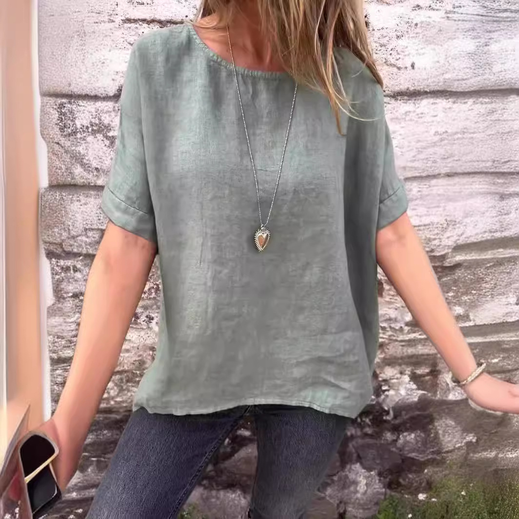 Women's Cotton Linen Crewneck Midi T-Shirt Loose Fit Ruffle