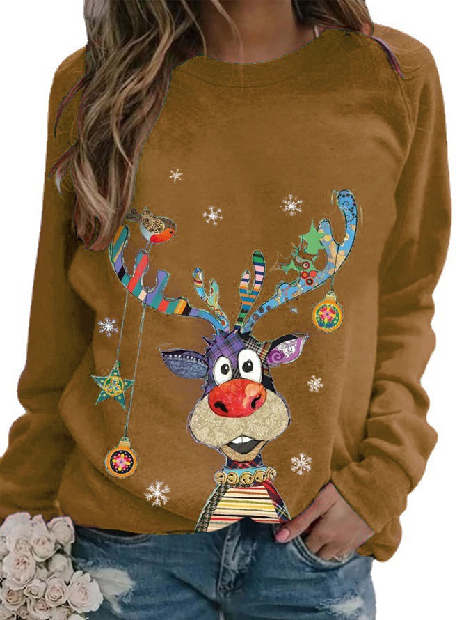 Christmas Deer Print Crewneck Long Sleeve Loose T-Shirt