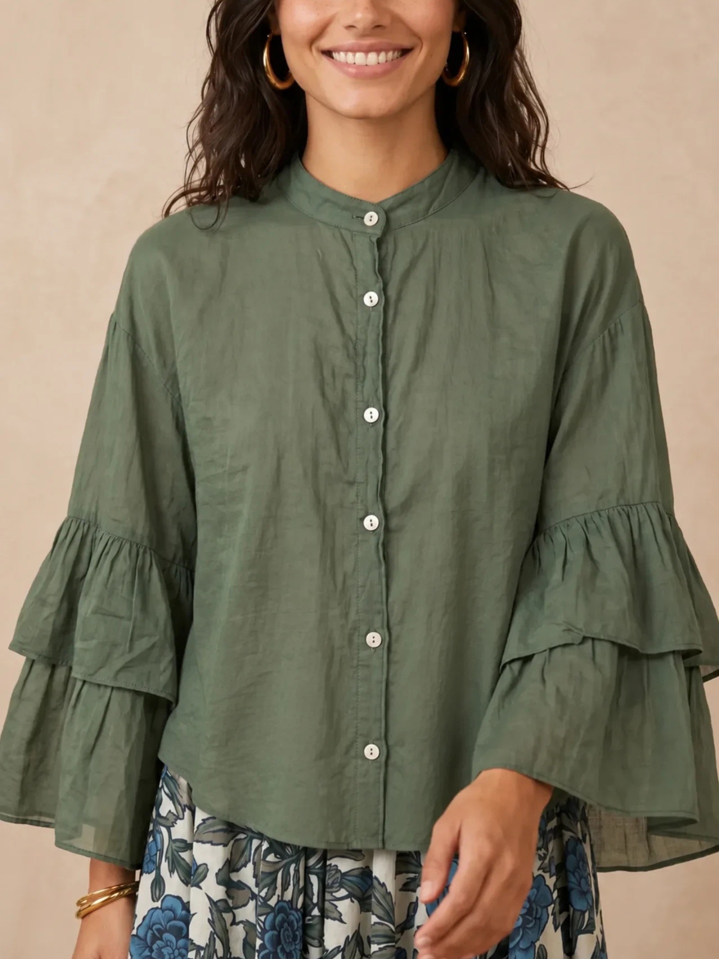 Women's Solid Color Stand Collar Button Double-Layer Bell Sleeve Loose Casual Shirt