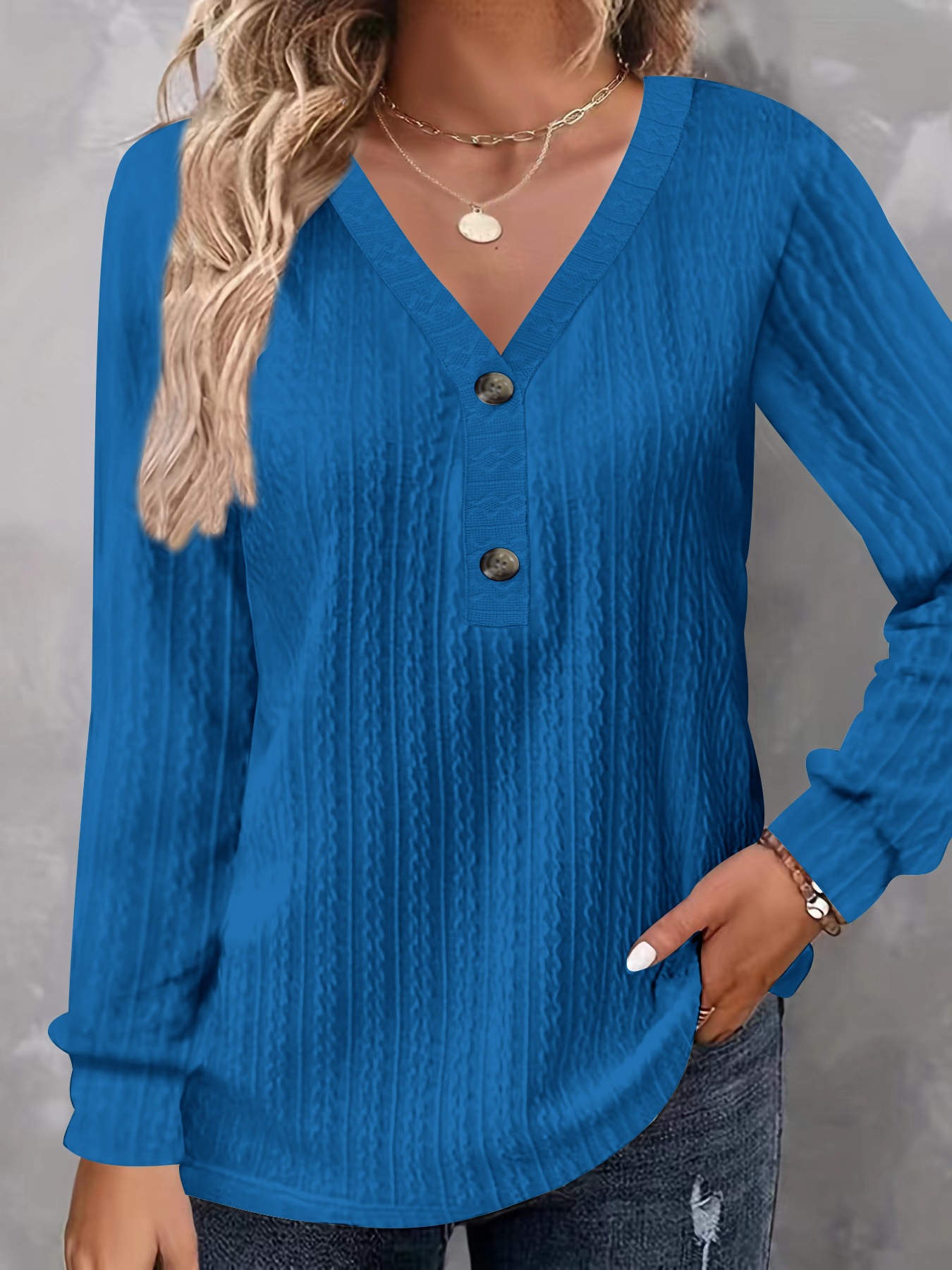 Women's Button V-Neck Long Sleeve Solid Color Casual T-Shirt Top