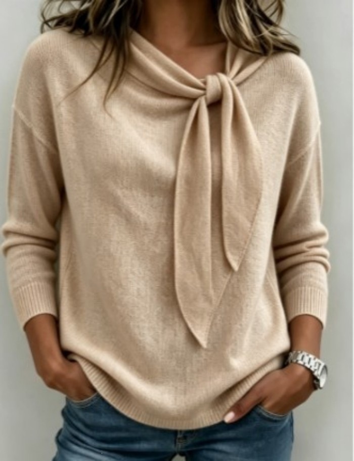 Women's Bow-Tie Neck Knit Long-Sleeve Top Solid Color Loose Casual Tee