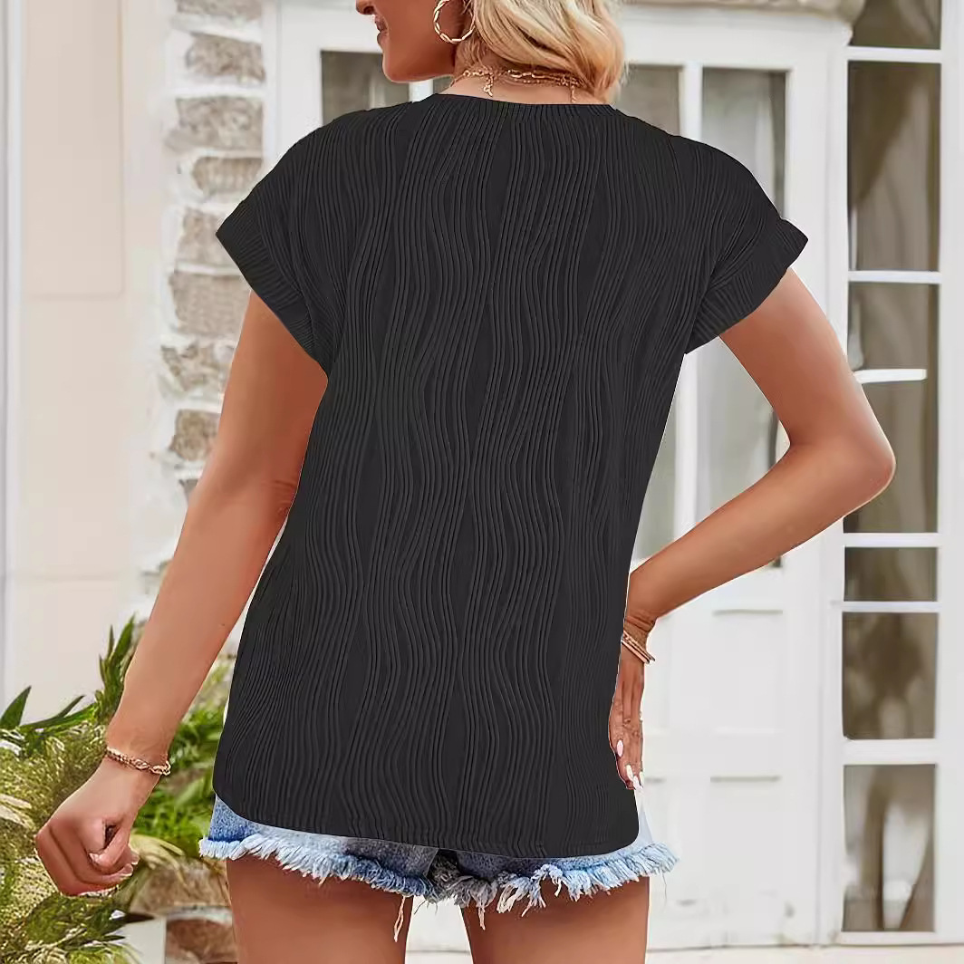 Women's Summer Casual Crewneck Short Sleeve Textured Solid Color Pullover T-Shirt