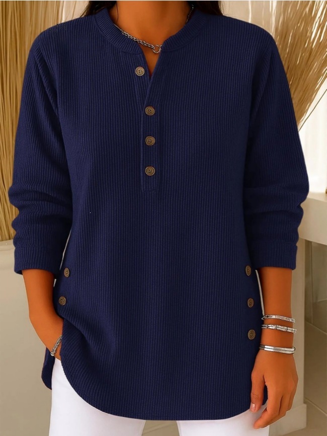 Corduroy V-Neck Button Long-Sleeve Loose Casual Top