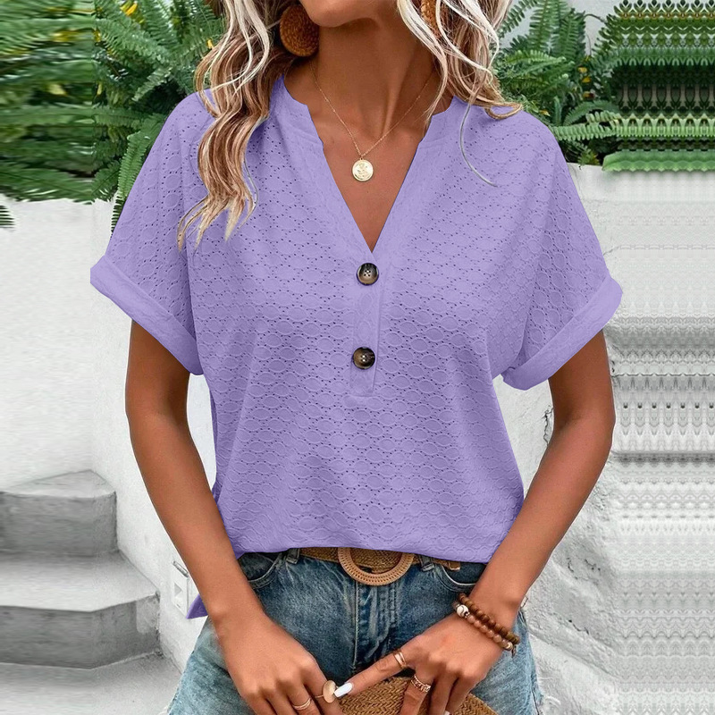 Women's Casual Solid Button V-Neck Short Sleeve T-Shirt