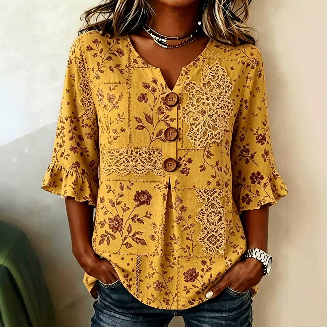 Retro Floral Print Short Sleeve Button-Up Top