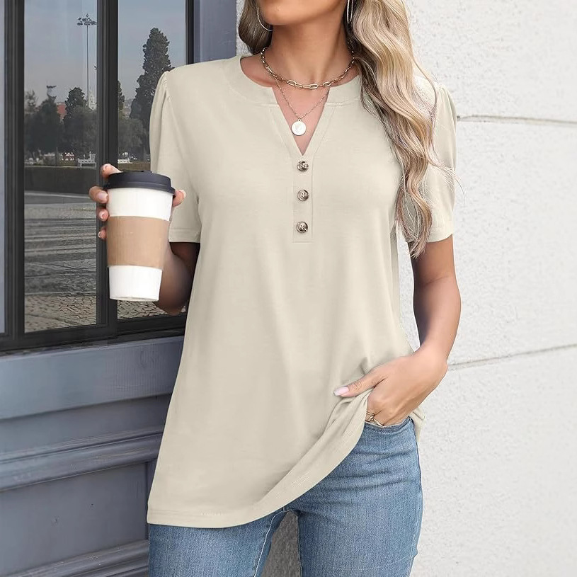 V-Neck Button-Down Short Sleeve Solid Shirt