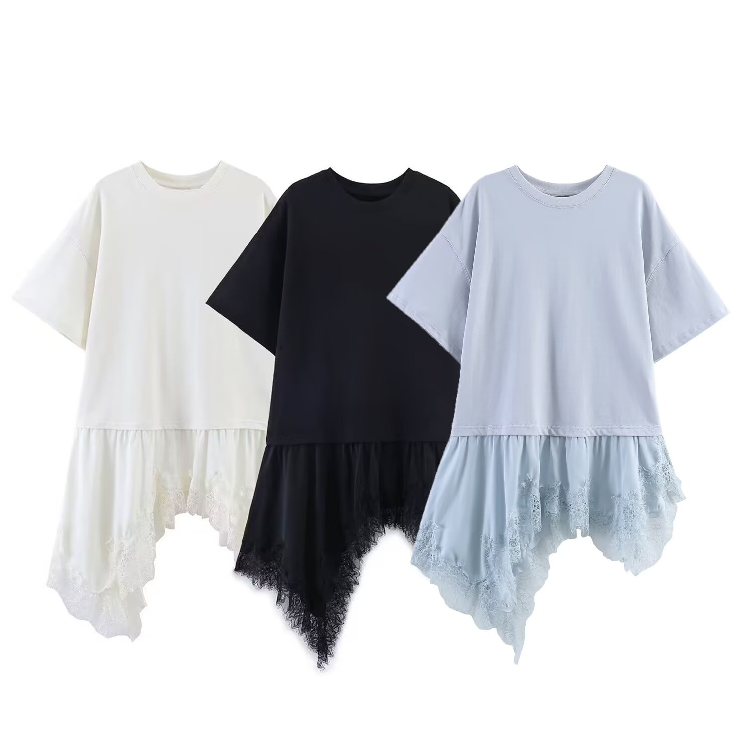 Women's Asymmetrical Lace Spliced Short-Sleeve T-Shirt