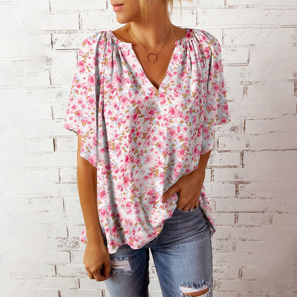 V-Neck Floral Print Short Sleeve Top