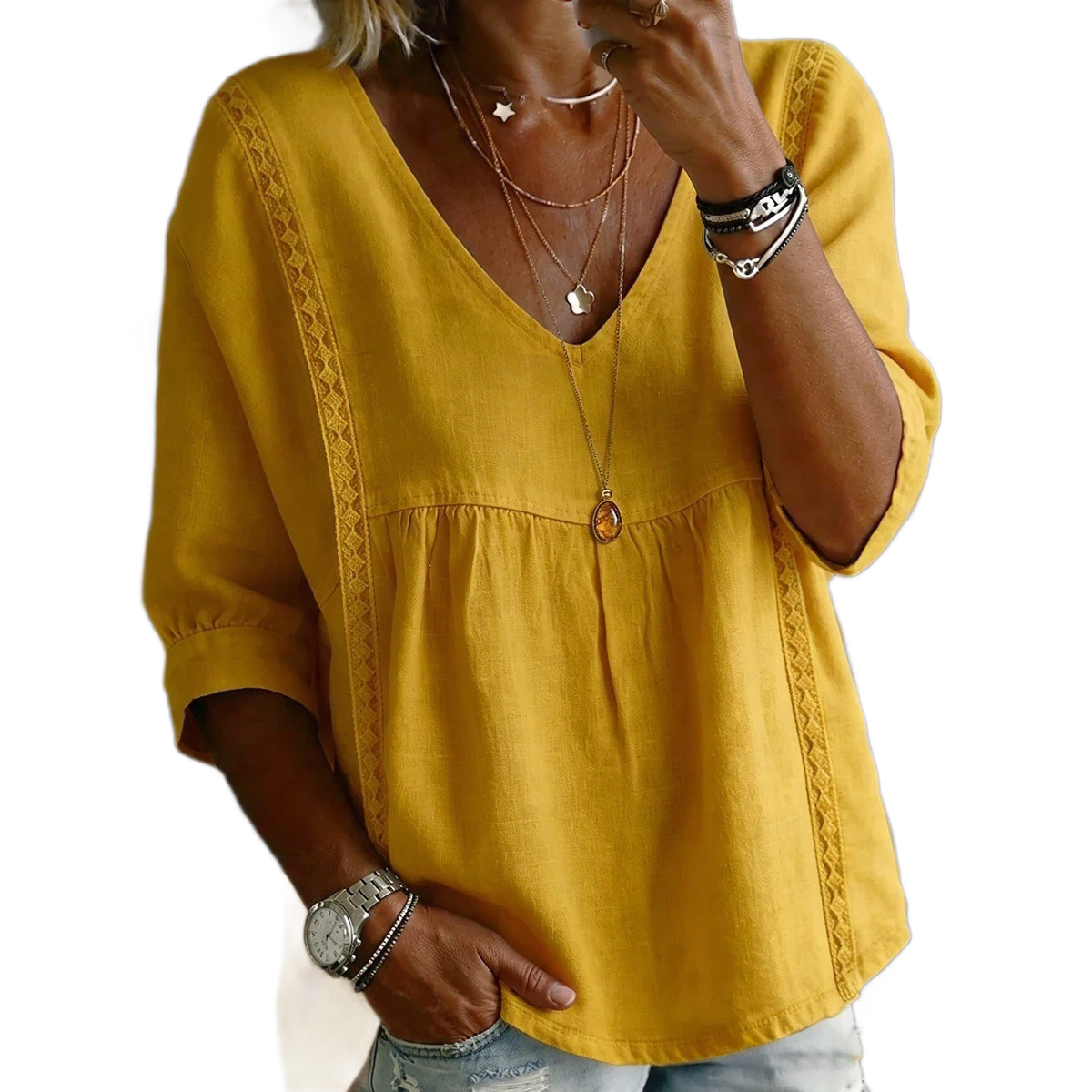 Lace Trim V-Neck Pullover Solid Color Casual Top