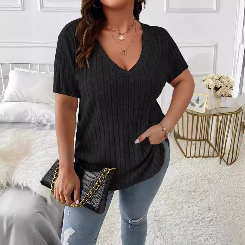 Women's Plus Size Ribbed V-Neck Short Sleeve Top