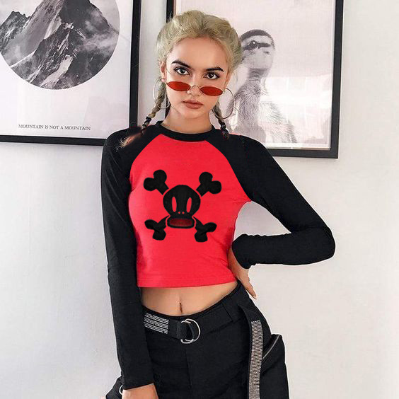 Women's Cropped Skull Print Slim Fit Colorblock Crewneck Long Sleeve Tee