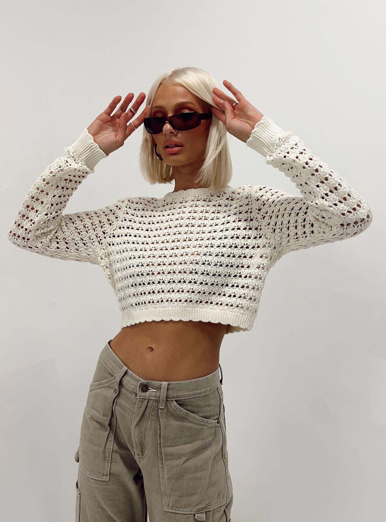 Women's Asymmetric Cutout Knit Top Long Sleeve Crew Neck Apricot