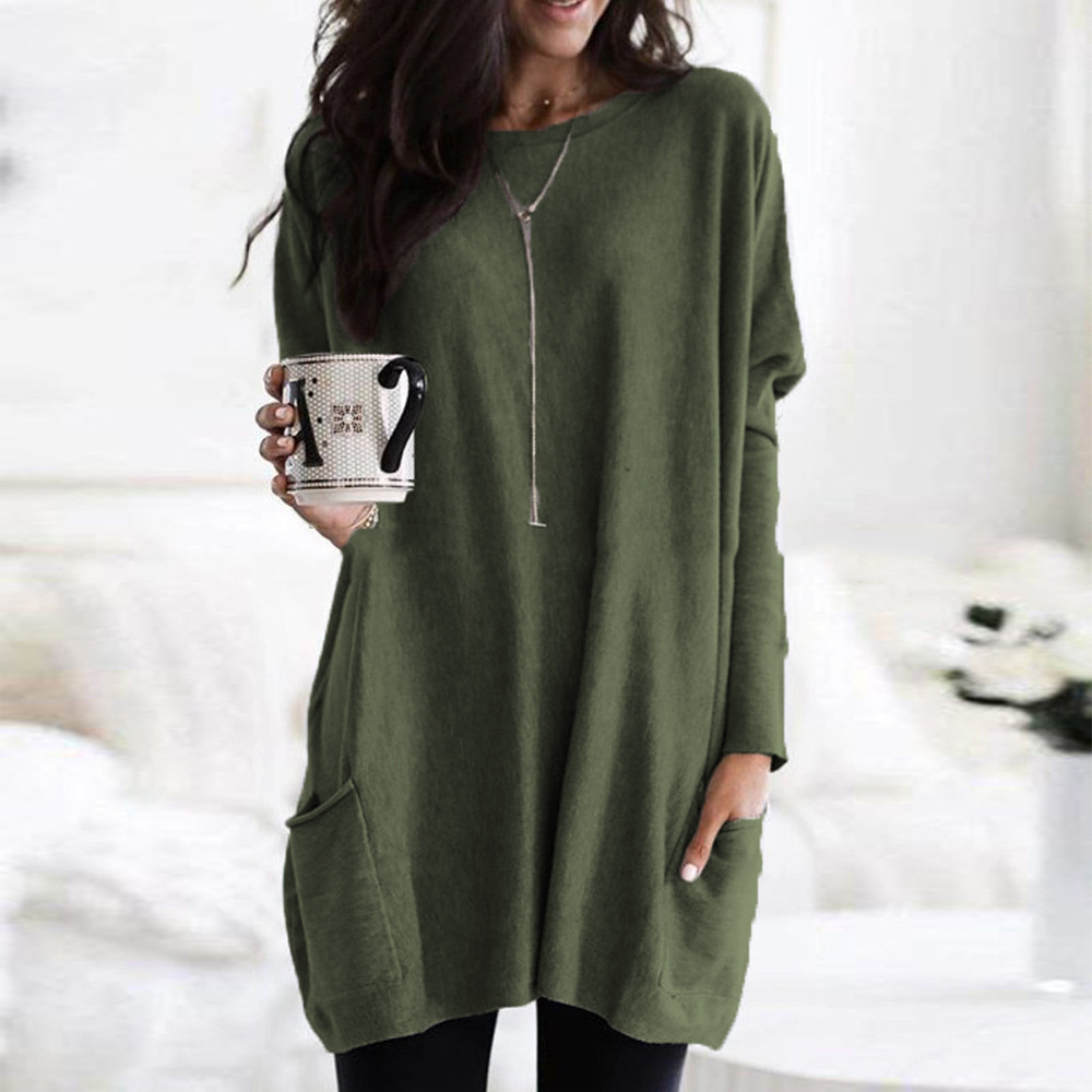 Women's Long Sleeve Pocket T-Shirt Casual Loose Fit Crew Neck Solid Color