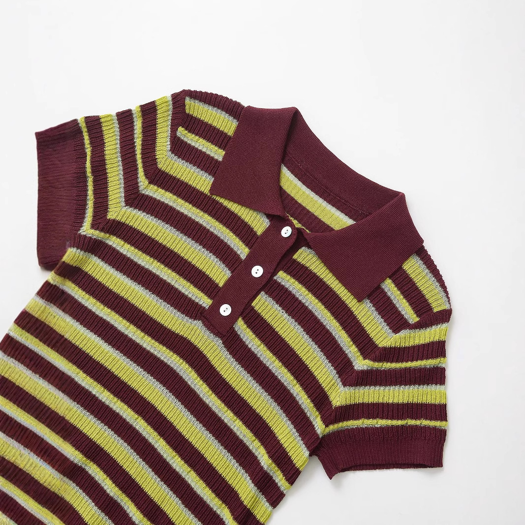 Striped Polo Neck Knit Short Sleeve Top