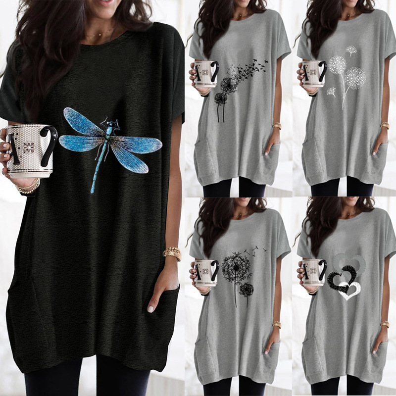 Side Pocket Dandelion Print Short Sleeve Loose Long T-Shirt