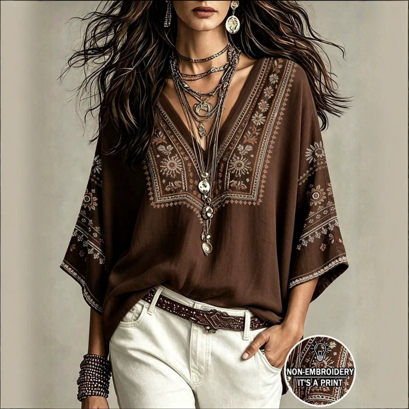 Women's Loose V-Neck Geometric Print Casual Shirt