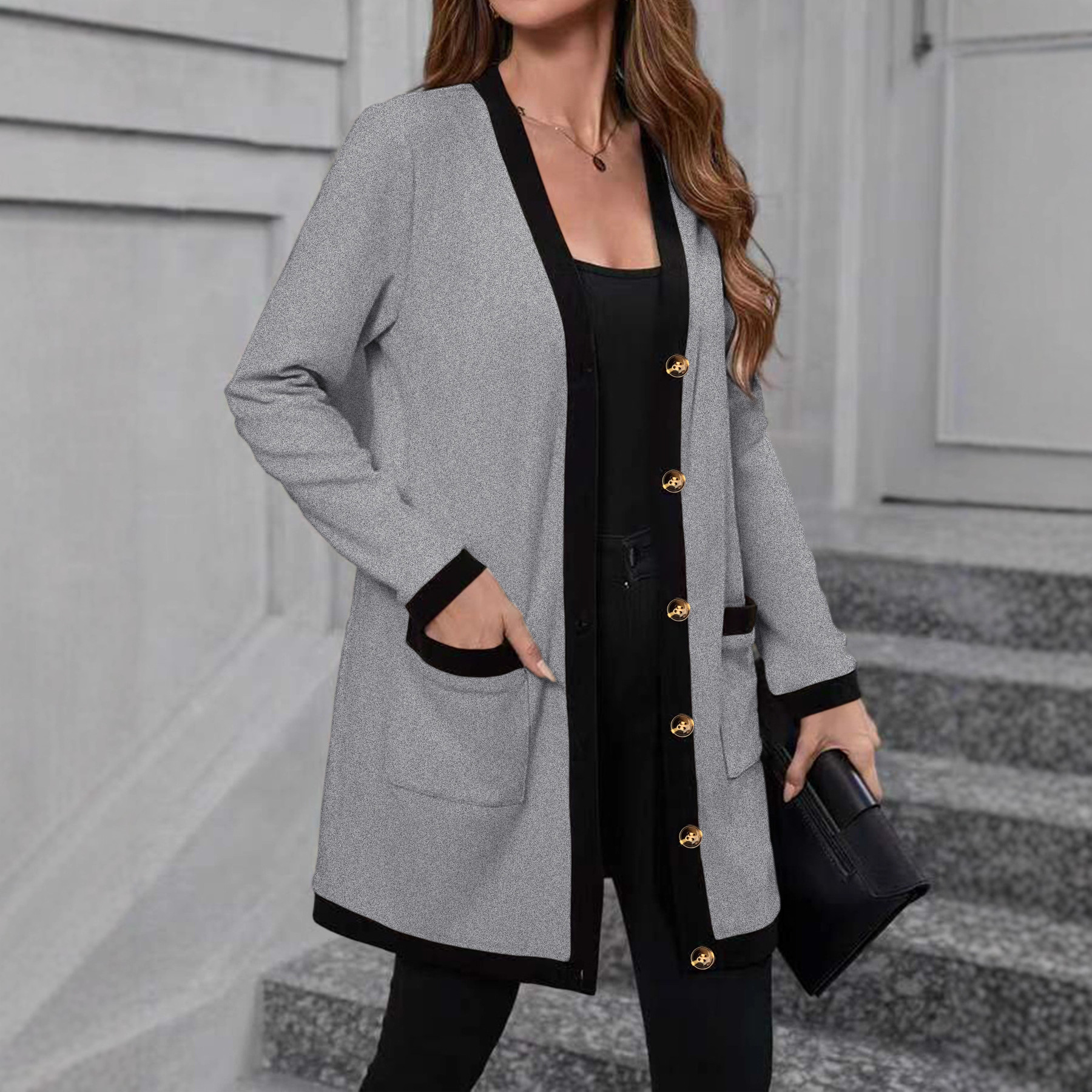 Colorblock Trim Knit Cardigan Women Open Front Midi Pocket Long Sleeve Plus Size