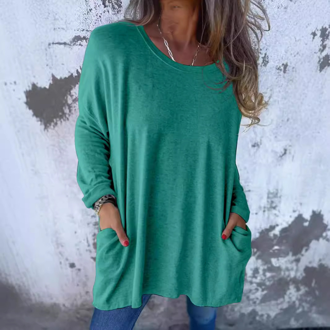Women's Crewneck Long Sleeve Loose Fit Pocket Solid Color T-Shirt