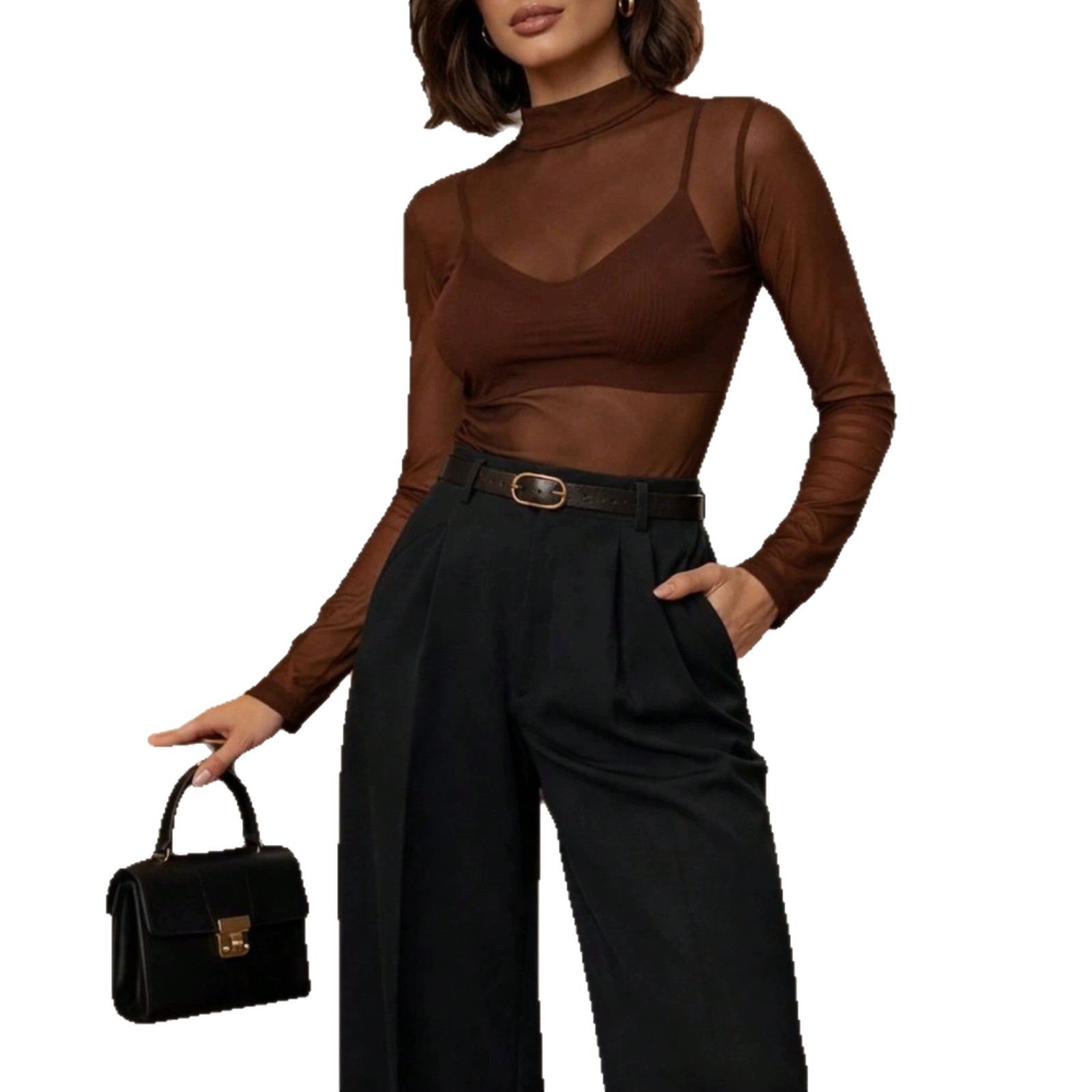 Sheer Mesh Mock Neck Fitted Tee
