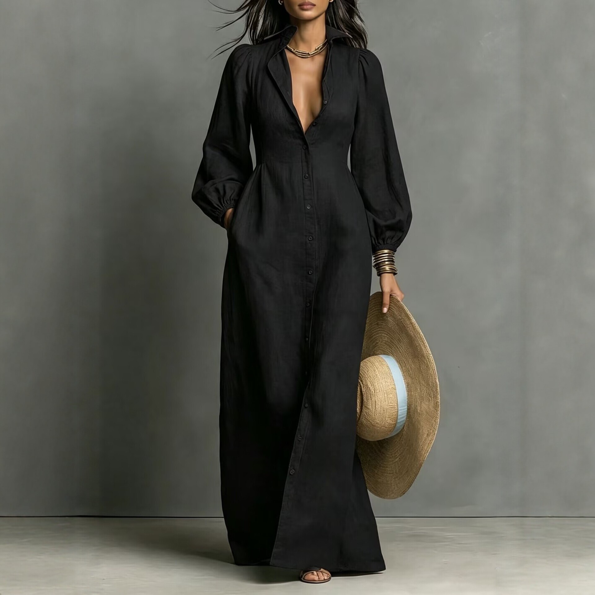 Lantern Sleeve Button-Front Long Shirt Dress Retro Casual