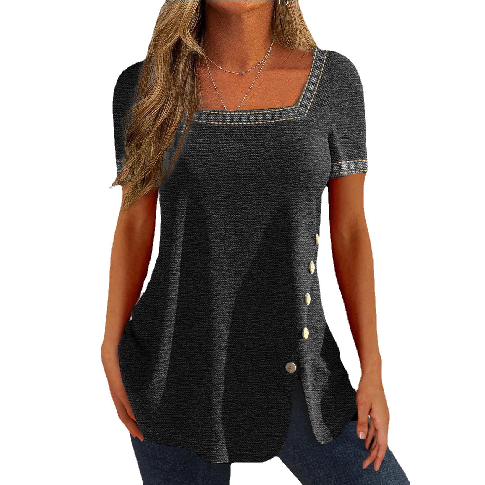 Women's Printed Button Slit Short Sleeve T-Shirt