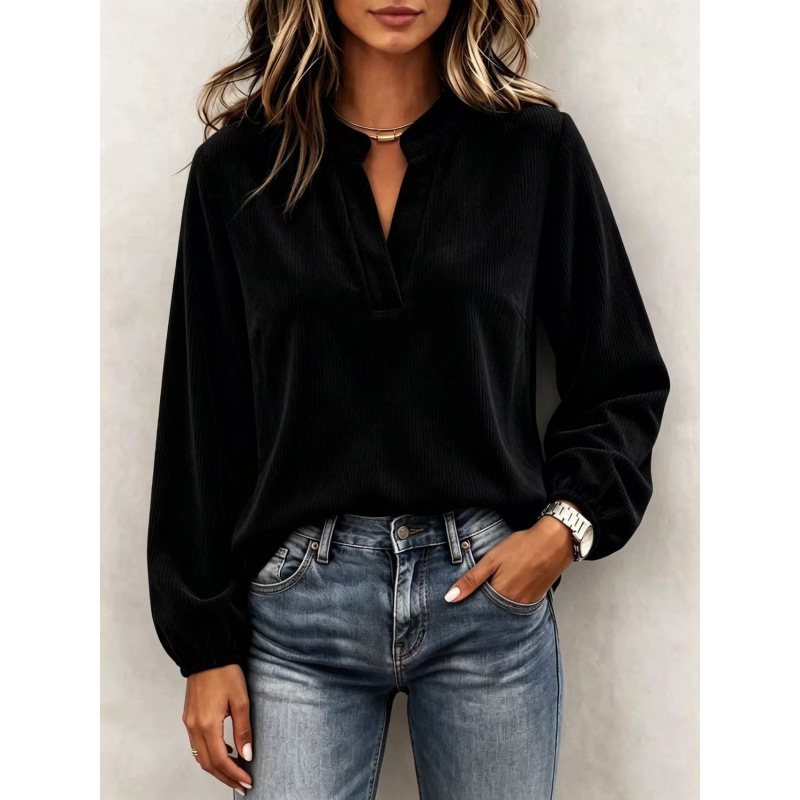 Ribbed Henley Neck Long Sleeve Top Half-Open V-Neck Lantern Sleeve Loose Fit