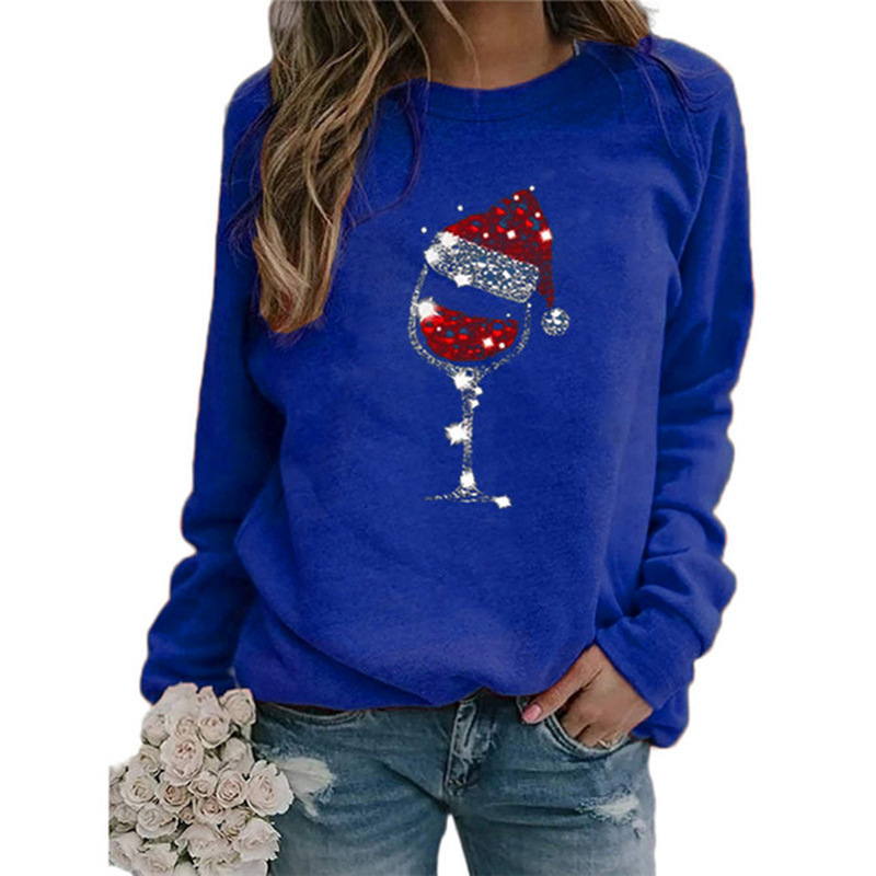 Christmas Wine Glass Print Long Sleeve Crewneck T-Shirt for Women