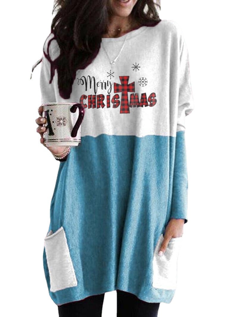 Women's Long Sleeve Color Block Pocket Loose Crewneck T-Shirt