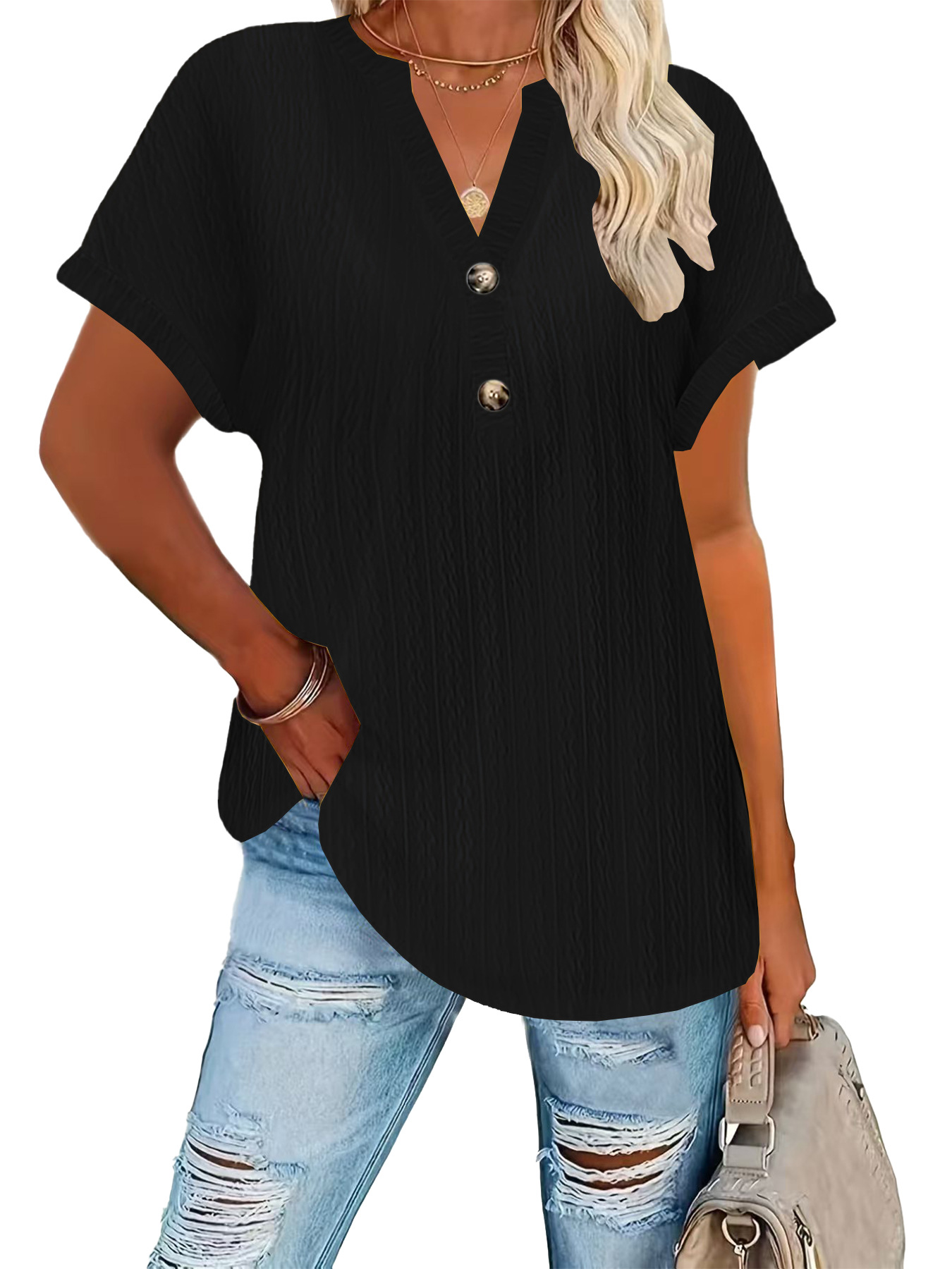 Women's Casual Solid Button V-Neck Short Sleeve T-Shirt