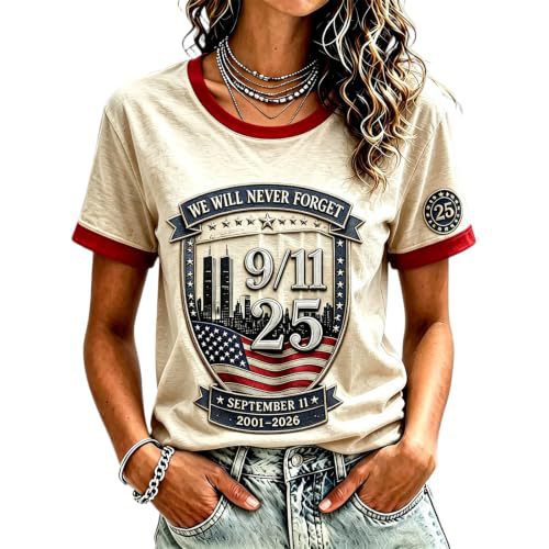911 Twin Towers Ribbon Flag Print Short Sleeve T-Shirt