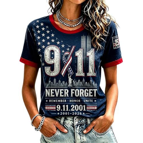 911 Twin Towers Ribbon Flag Print Short Sleeve T-Shirt