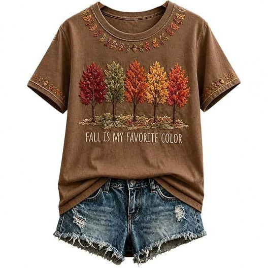 Summer Tree Letter Maple Leaf Print Short Sleeve T-Shirt