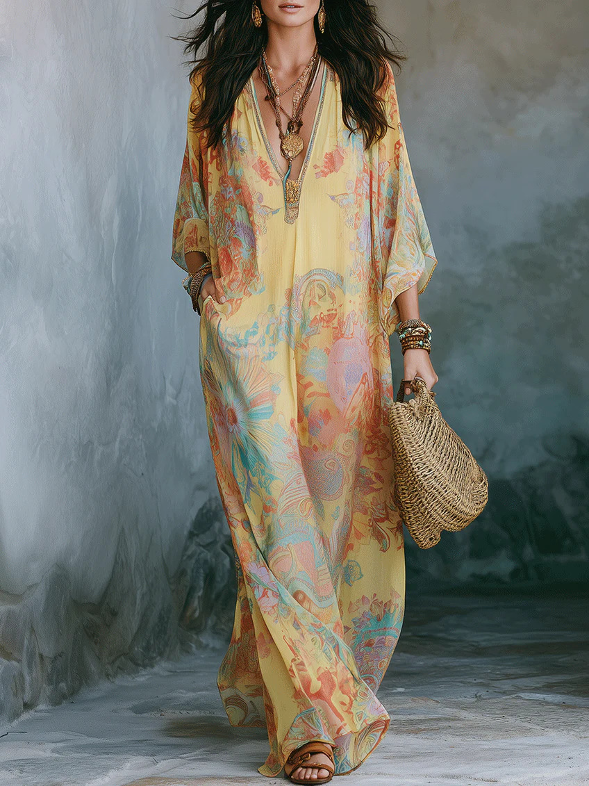 Floral Print Boho Maxi Dress Long Sleeve Deep V-Neck A-Line