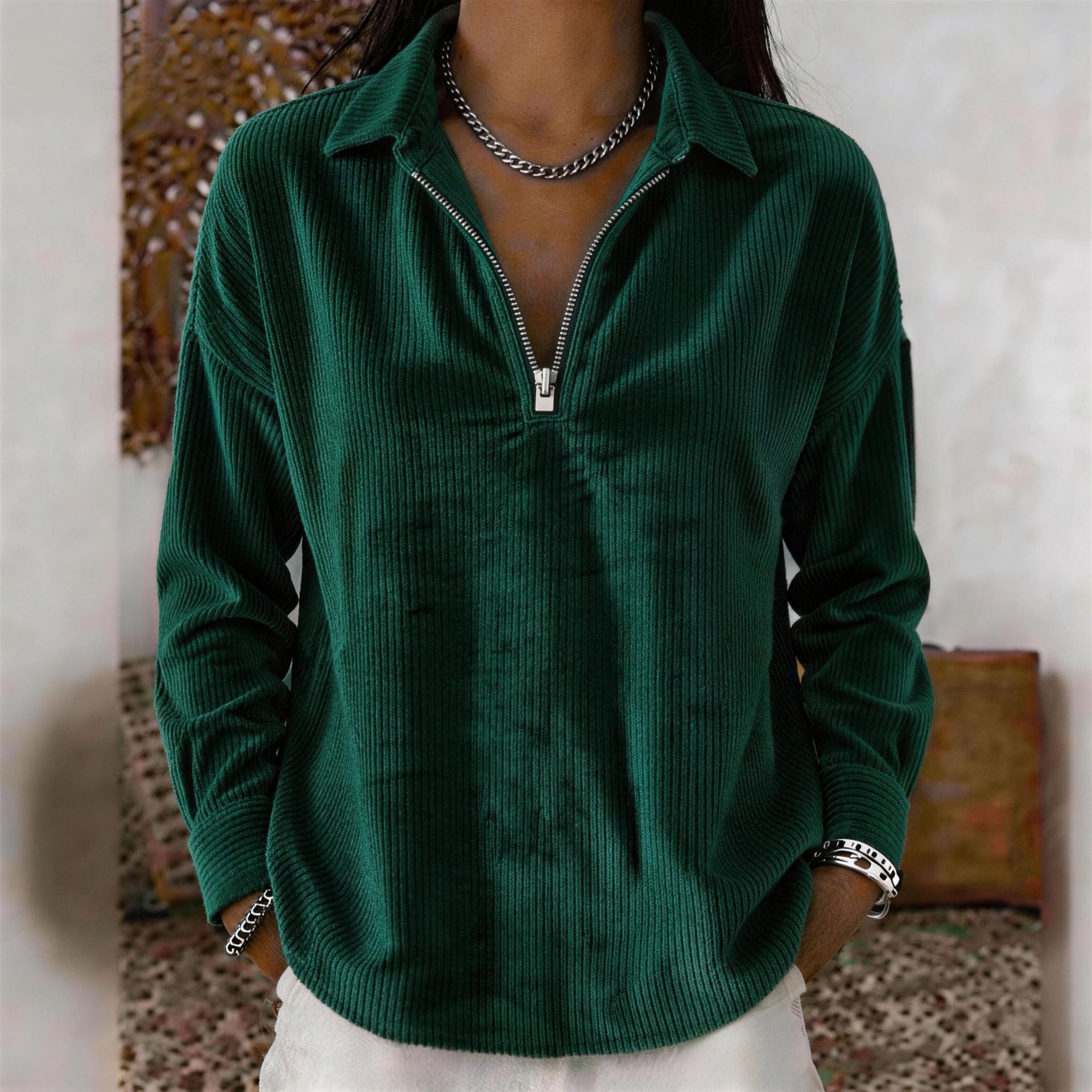 Corduroy Long-Sleeve Loose Collared Top