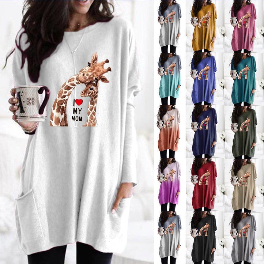 Giraffe Mother Print Long Sleeve Crewneck Loose T-Shirt