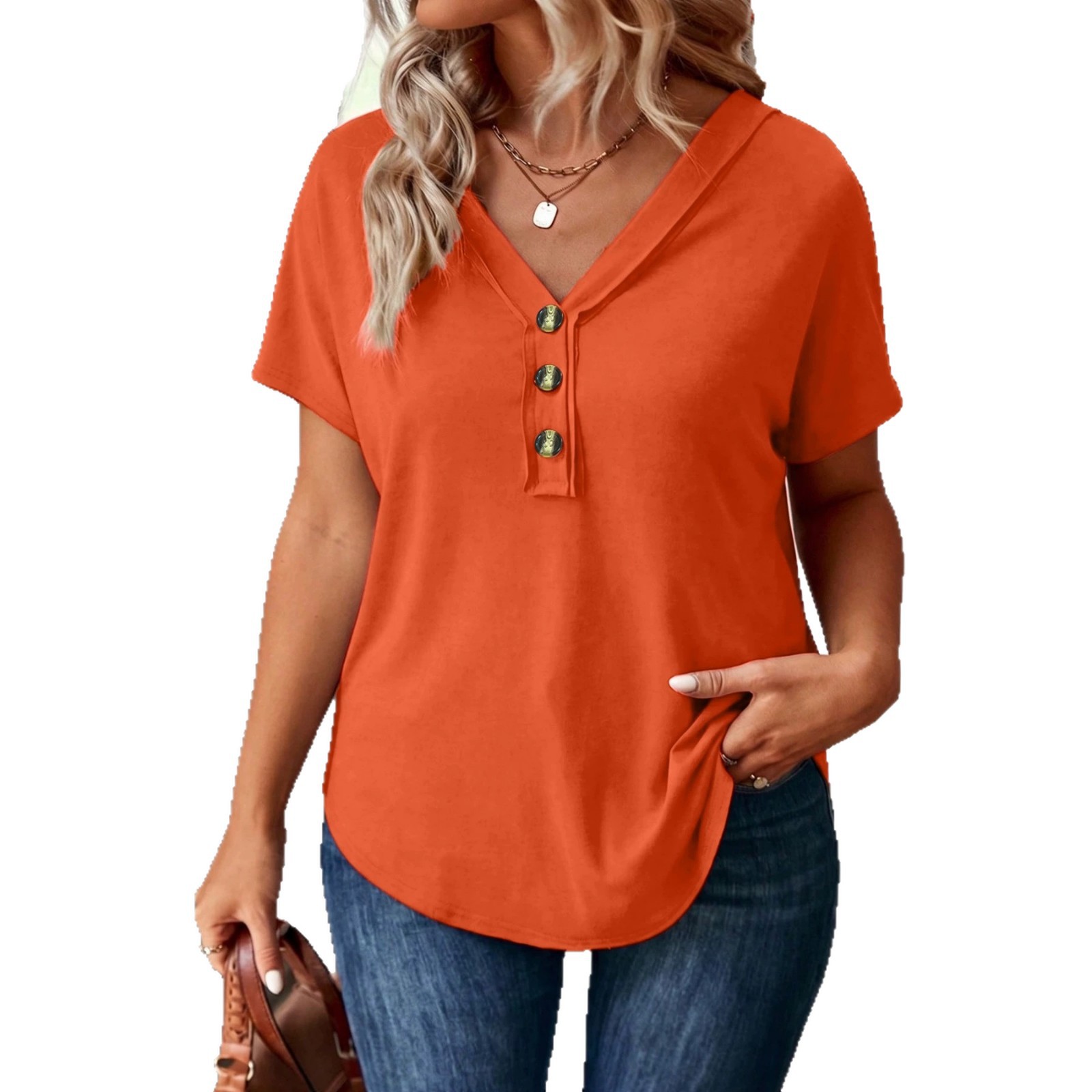 Women's Summer V-Neck Button Short Sleeve Casual T-Shirt