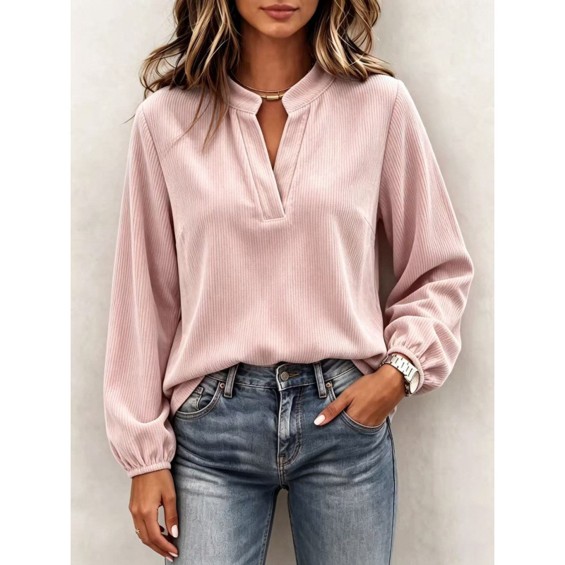 Ribbed Henley Neck Long Sleeve Top Half-Open V-Neck Lantern Sleeve Loose Fit
