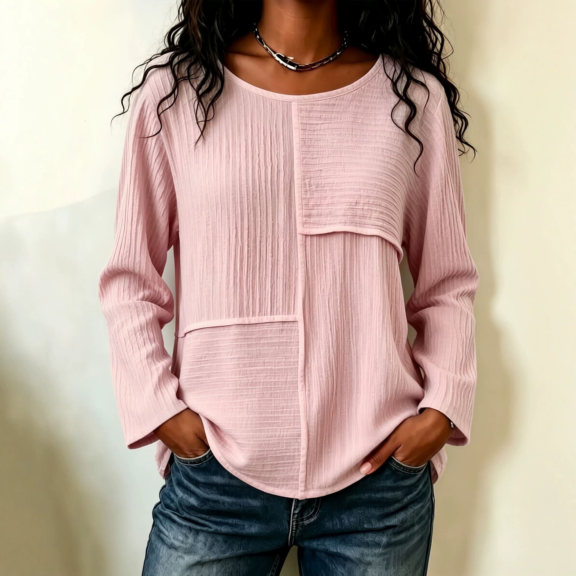 Women's Crewneck Colorblock Loose Long Sleeve Top