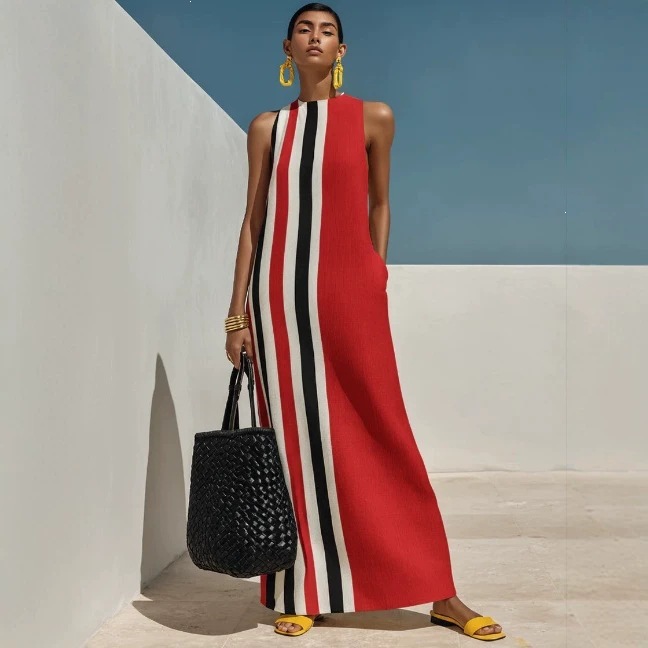 Women's Color-Block Vertical Striped Sleeveless Dress with Pockets