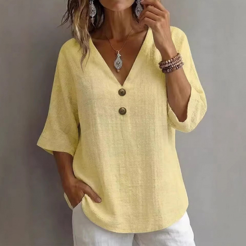 Women's Cotton-Blend French V-Neck Button-Trim 3/4-Sleeve Loose Top