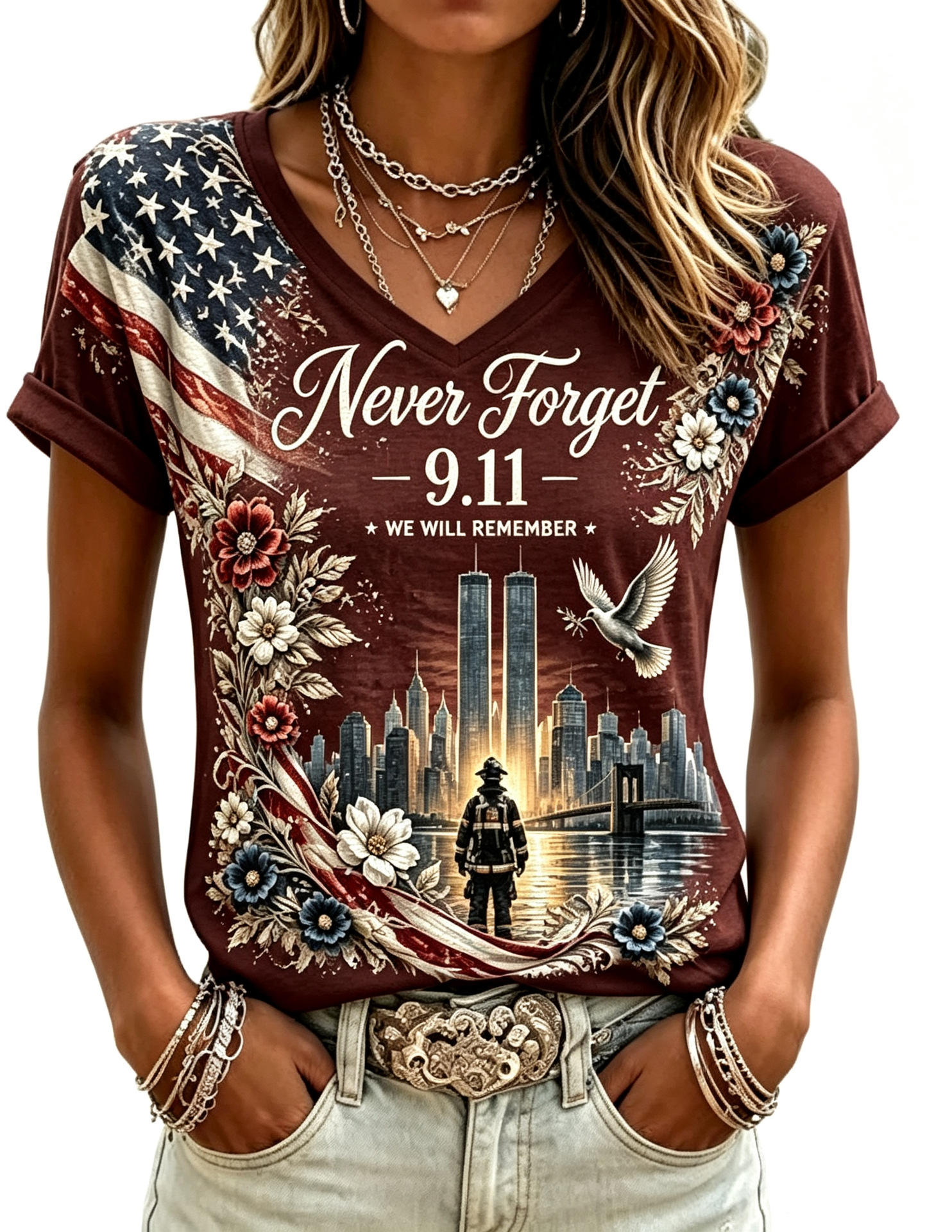 Women's Floral Print V-Neck Short Sleeve T-Shirt