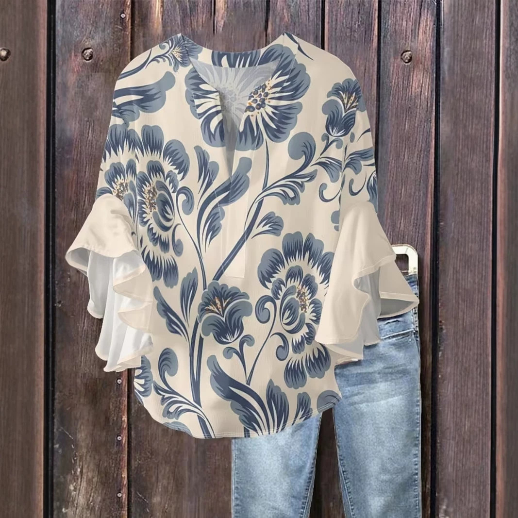 Floral Print V-Neck Rolled Sleeve Casual Women's T-Shirt