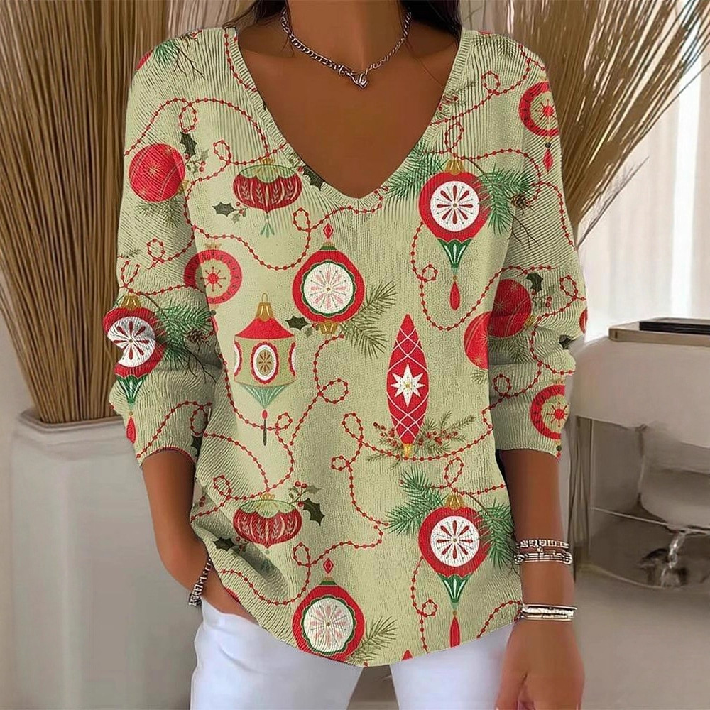Halloween Plant & Tree Print V-Neck Long-Sleeve T-Shirt for Women