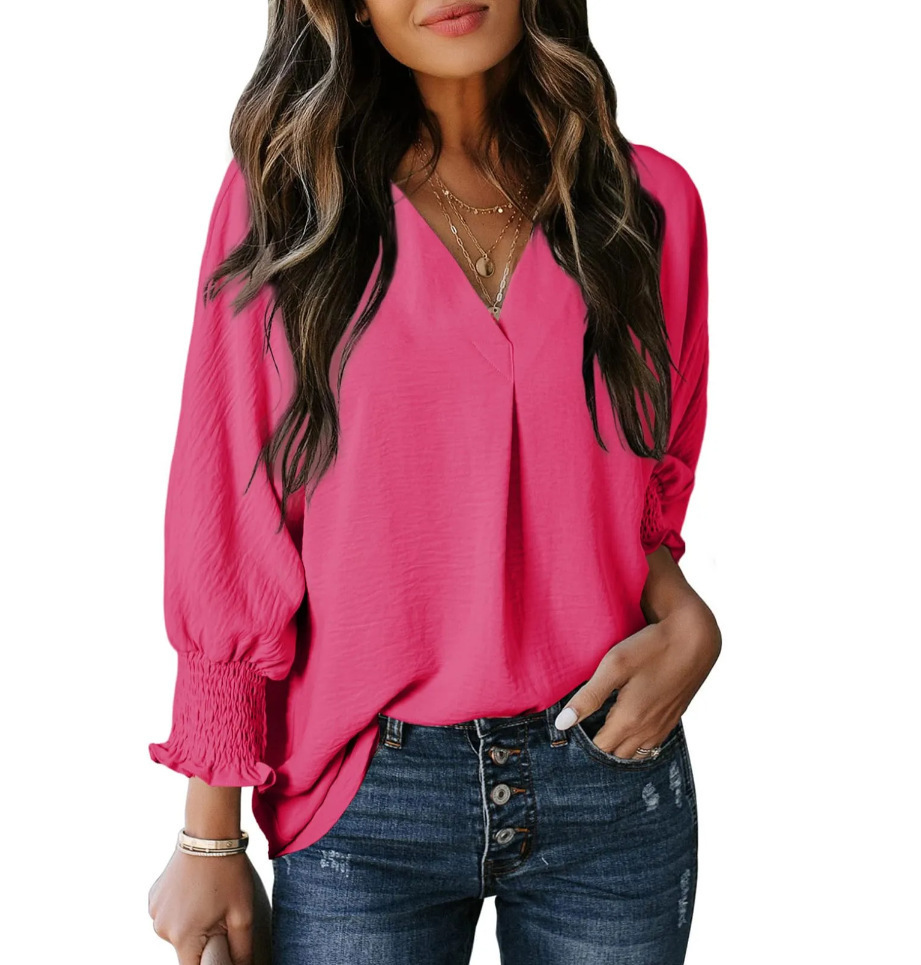 Women's V-Neck Long Sleeve Loose Fit Blouse Top