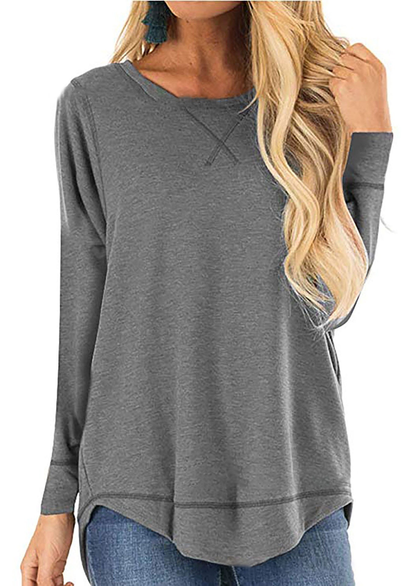 Women's Crewneck Long Sleeve T-Shirt Solid Loose High-Low Hem Casual Top