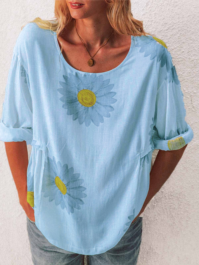 Women's Floral Print Cotton-Linen Blend T-Shirt