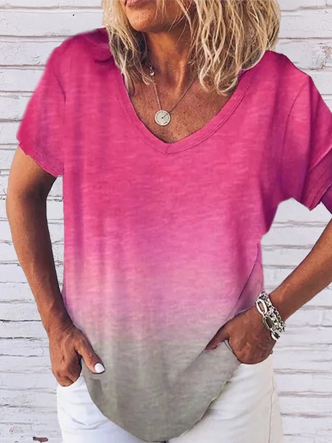 Raw Edge Short Sleeve V-Neck Gradient Print T-Shirt