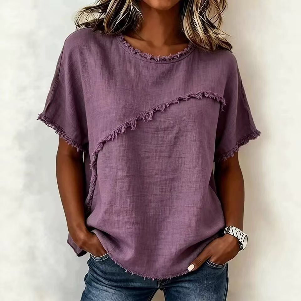 Women's Crewneck Short Sleeve Fringe Spliced Shirt