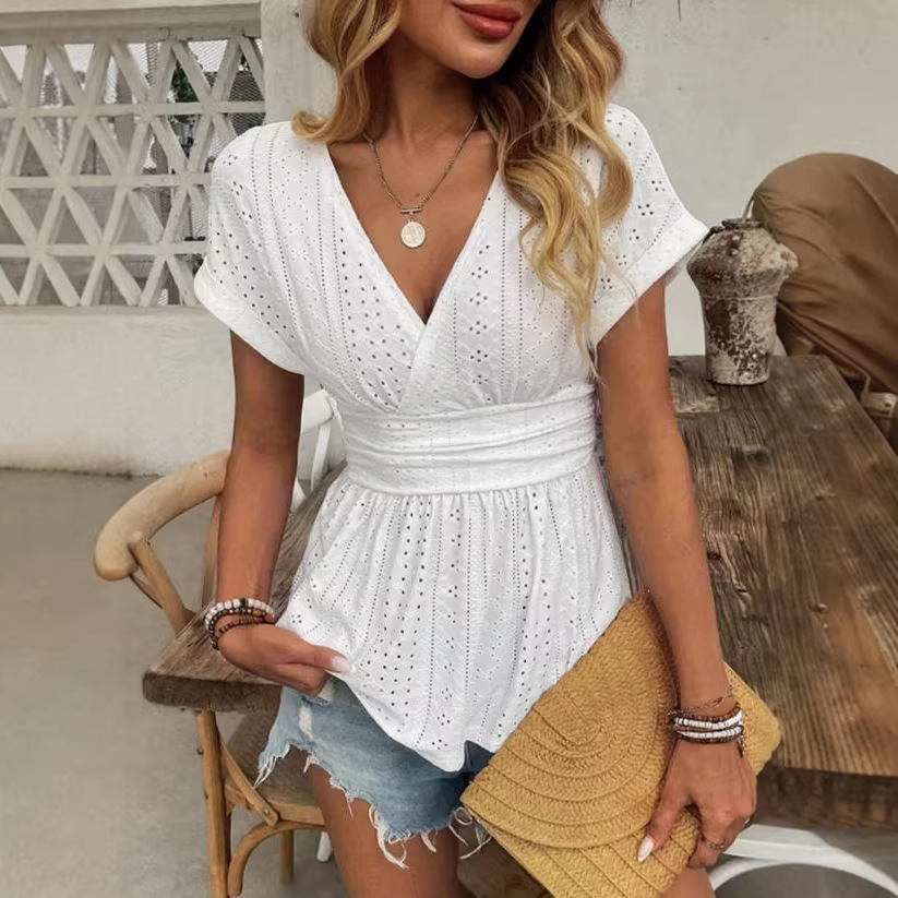 Elegant V-Neck Pleated Hem Short Sleeve Top