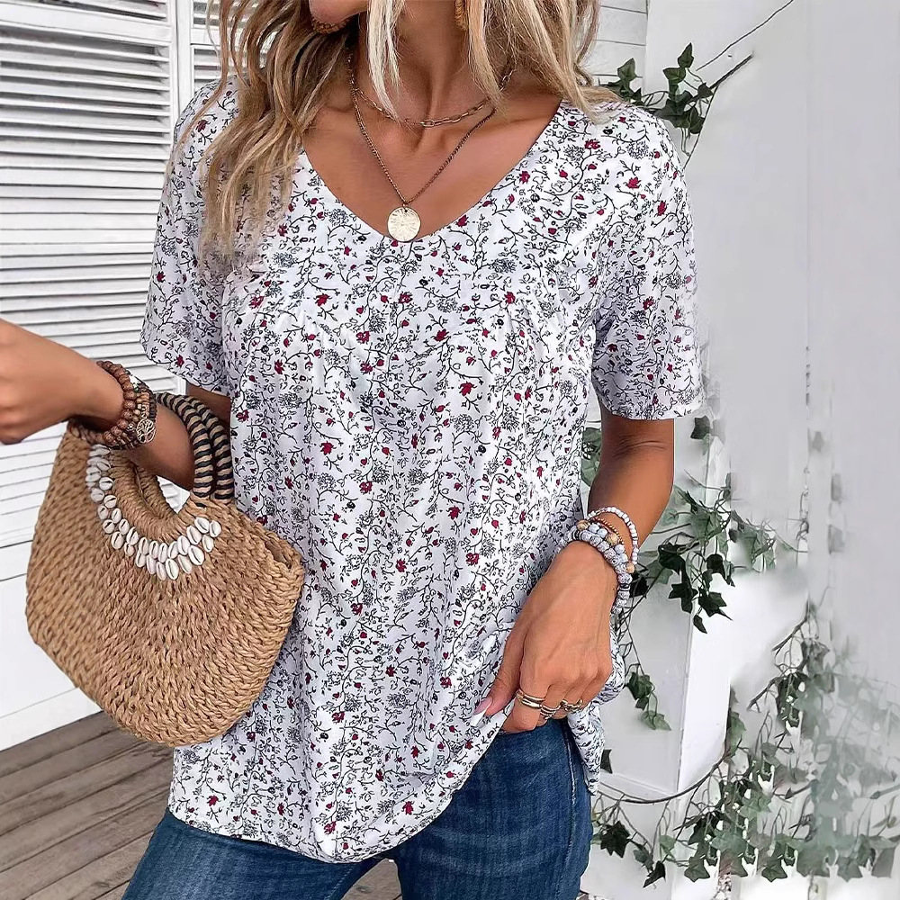 Elegant Floral Print V-Neck Short Sleeve Women's Top